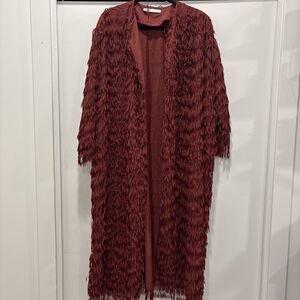 ZARA COAT WITH FRINGING ROUND NECK MAROON LONG SIZES XL
